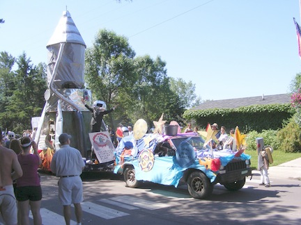 A rocket ready to blast off and surrounded
               by aliens.