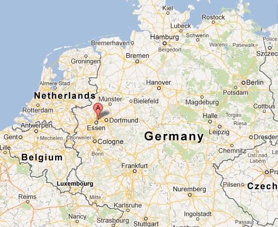A map of the northern portion of Germany and some of the nearby           countries with Gelsenkirchen's position marked on the map.