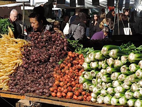 Vegetables on display in a farmer's booth