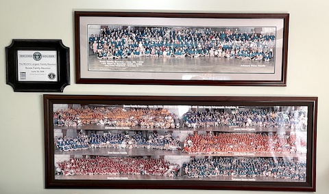 The framed photo of Johanna's descendents is at the top.               Then a frame enclosing the slightly smaller photos of the               descendents of each of the Busse branches is below.